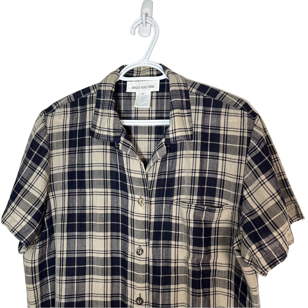 Jones New York Linen Blend Side Slit Navy Beige Plaid Button Down Shirt Size 14